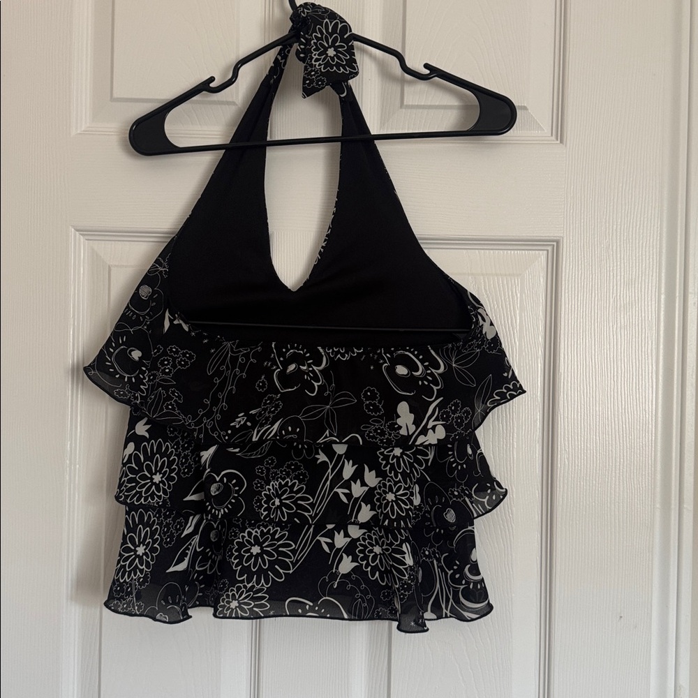 Black Floral Halter Ruffle Tank Top - Picture 2 of 2